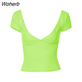 Women Summer Casual Solid Color T-Shirts Short Sleeve Crop Tops Backless V Neck Tee Tops Basic Slim Fit Tops Streetwear-Outfit