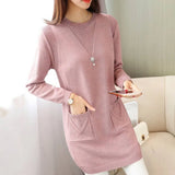 Sping Winter Women Black Sweaters Casual Solid O-Neck Long Sleeve Knit Sweaters Loose Pockets Mid Length Pullover Female