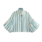 Short Top 2025 Spring New Five-Point Sleeve Bubble Bubble Sleeve Loose Stripe Small