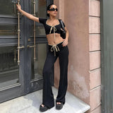 Top Pants 2 Piece Set Women New Sexy Casual Short Sleeve Crop Tees Slim Flare Trousers Sets Fashion Bandage Solid Outfits-Outfit