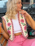 Floral Embroidered Women's Short Waistcoat Chic V Neck Sleeveless Cropped Cardigan 2024 Summer Female Party Fashion Tops-Outfit
