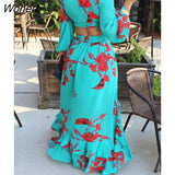 Women Two Piece Elegant Dress Suits Long Sleeve Tie Up Crop Top & Maxi Skirt Set-Outfit