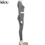 Kliou fashion tracksuit women turtleneck full sleeveless crop top+leggings matching set stretchy sporty fitness casual