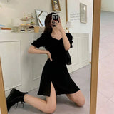 Women Black Retro Elegant Friends Side Slit Temperament Minimalist Shirring Summer Clothing 2021 Daily Chic Simple