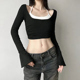 Woherb And Gray Color Patchwork Fake Two T-Shirts Fall 2023-Outfit