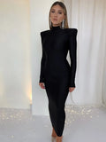 2021 Women Long Sleeve Autumn Winter Stretchy Midi Bodycon Loose Fashion Streetwear Casual New Year Solid Dress-Outfit