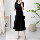 Woherb Summer Dress Long Sleeves Large Size Hepburn Wind Reduce Age, High Waist Show Thin Black Medium Long Fashion Skirt Woman-Outfit