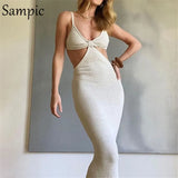 2021 Women Strap Khaki Hollow Out Sexy Long Party Bodycon Dress Ladies V Neck Backless Night Club Cut Out Wrap