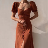 Elegant Square Collar With Button Summer Midi Dresses For Women 2023 Vintage Short Sleeve Slim Sexy Party Dress Vestidos-Outfit