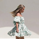 Sexy Puff Sleeve Off Shoulder Floral Print Summer Mini Dress For Women 2023 Loose A-Line Holiday Beach Dress Boho Vestido-Outfit