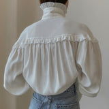 Woherb Women's Wear Early Spring 2024 New Shirt Women's French Lapel Lantern Sleeve Lace Design Sense Loose White Shirt-Outfit