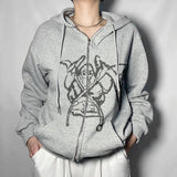 Hooded Jacket Portrait Demon Print Long Sleeve Zip-up Top Coat Streetwear with Pockets Hip Hop Men Women