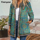 Autumn Winter Fashion Loose Women Folk-custom Print Jacket Coats Casual Retro Long Sleeves Coats Elegant Cardigan