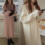 Woherb Lapel Half Zipper Wool Dress 2024 Autumn And Winter New Style With Loose Casual Long Knit Bottom Shirt Women-Outfit
