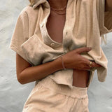 Solid Beach Two Piece Sets Summer Women Home Loungewear Cardigan Tops Tracksuit 2021 Ladies Workout Soft Shorts