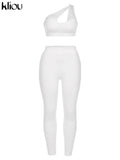 Kliou Sporty Solid Two Piece Set Women Skinny Inclined Shoulder Hole Cleavage Tank Tops+ Concise Stretchy Pants Workout