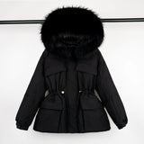 Large Natural Raccoon Fur Hooded Winter Jacket 90% White Duck Down Coat Women Puffer Fluffy Parkas With Belt Snow