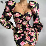 2021 Rose Floral Print Long Puff Sleeve Ruched Sexy Mini Dress Autumn Winter Women Party Elegant Streetwear