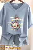 100% Cotton M-6XL T Shirt Chinese Lute Print Tshirt Short Sleeve Women's Top Summer Couple V Neck Oversized T Shirts-Outfit