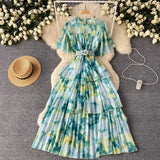Retro Tea Faint Dyed Print Dress Women Waist Horn Sleeves Thin Temperament Lotus Leaf Side Chiffon Long