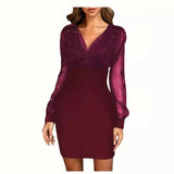 Woherb Women's New Mesh Patchwork Sexy Vintage Elegant V-Neck Party Club Dress-Outfit