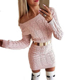 Woherb New In Long Fluorescent Color Twist Waist Open Shoulder Sweater Dress Hot Style Sweater-Outfit