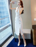 White Women Dress Sleeveless Double Breasted Lapel Female