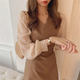 Woherb Long-Sleeved Chiffon Dress Waist Show Thin Bottom Skirt Female New Fake Two Foreign Style Small Short Skirt-Outfit