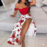2021 Fashion Vintage Floral Print Two Piece Set Women Elegant Sexy Off Shoulder Tops And Split Long Dress Suit Summer Casual