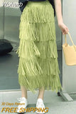 Women Tassel Splicing Pleated Skirt Elegant Elastic Waist All Match A-line Long Skirt For Spring Summer QT2140-Outfit