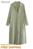 2023 Women Summer Linen Shirts Dress Fashion Solid V-Neck Long Sleeve Female Elegant Street Mid-Calf Dresses Clothing-Outfit