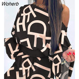 Women Letter Print Asymmetric Mini Dress 2022 Casual Femme Long Bell Sleeve One Shoulder Robe Office Lady Clothing traf-Outfit