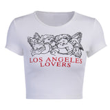 Letter Print T-shirt Round Neck Slim Short Sleeve Ladies Skinny Angle Print Tee Top Streetwear Women Cotton t