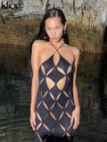 Kliou Unique Style Geometric Maxi Dress Women Elegant Spaghetti Strap Cleavage Backless Hollow Out Robe High Street Lady