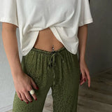 Black Pants Women Fashion Lace-up Loose Trousers Ice Silk Casual Leopard Print Retro High Waist Straight Pants Streetwear-Outfit