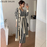 Autumn Knitted Dress Woman Single-breasted V-neck Elegant Knit Dress Bodycon Woman Apricot Plaid Luxury Sweater