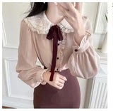 Women's Cute Bow Tie Tops Preppy Style Vintage Japan Korea Design Single Breasted Button Elegant Formal Red Black Shirts