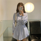 Woherb Suit Female Summer 2024 New Korean Version Long-Sleeved Shirt Dress High Waist Casual Shorts Two Sets-Outfit