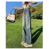 Woherb Tall Waist Straight Leg Jeans Female Spring Autumn New Pear-Shaped Figure Retro Show Thin Feeling Wide Leg Pants-Outfit