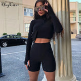 Long Sleeve Zipper High Neck Elastic Sexy Crop Tops Shorts 2-Pieces 2021 Summer Autumn Women Fashion Casual Sports