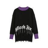 Frayed Letter Print Tassel Hole Sweater Men and Women Streetwear Oversize Pullover Sweaters Hip Hop Black Casual