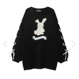 Sytle Kawaii Lolita Knitted Pullover Women Cute Cartoon Bear Embroidery Bow Bandage Sweater Female Sweet Chic Bunny Top-Outfit