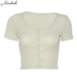Women Spring Summer T-Shirt V Neck Short Sleeve Casual Crop Top Shirt Summer Solid Button Tee Shirt mujer 2020