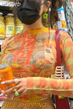 Graphic Print Green Mesh Sheer T-shirt Long Flare Sleeve Slim Crop Tops Sexy See Trough Women Tops Y2K Vintage Grunge-Outfit