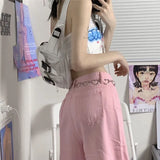 jeans love chain womens kawaii Korean fashion ultra-low waist y2k loose wide- leg jeans street casual loose trousers