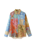 2023 Women Summer Shirts Blouses Tops Vintage Print Patchwork Satin Pocket Female Elegant Street Top Clothing-Outfit