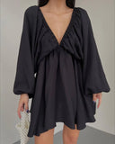 Autumn Women's Skirt Lantern Sleeve V Collar Sexy Temperament High-End French Retro