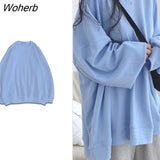 Women No Hat Hoodies Solid Candy Colors Long Sleeve Loose Sweet Fresh O Neck Sweatshirts Spring Korean Style All-match Students-Outfit
