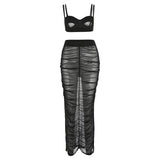 Kliou Mesh Two Piece Set Women Summer Sexy Wrapped Camisole+Bodycon See Through Pleated Skirt Maching Dress Suit Girl