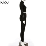 kliou women 2 pieces set fitness tracksuit long sleeve zipper crop top+leggings fashion reflective letters sportswear